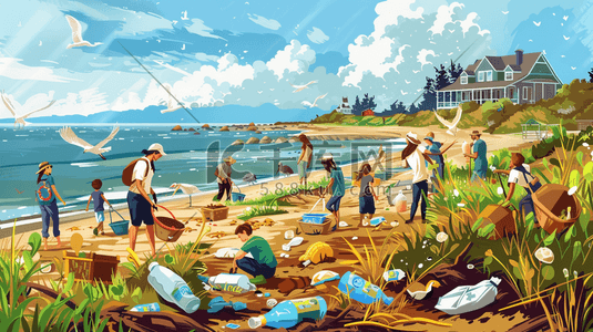 垃圾分类插画图片_彩色手绘海边沙滩游客度假垃圾的插画1