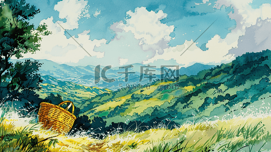 大山蓝天插画图片_彩色手绘绘画大山风景景色的插画1