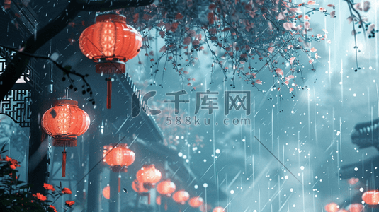 雨季下雨景区风景河面划船的插画10