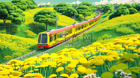 春天黄绿色风景小火车轨道的插画5