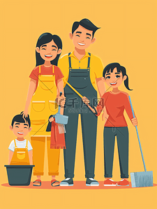 儿童摄影充值海报插画图片_亚洲人幸福家庭与维修服务人员