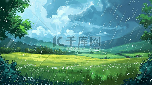 下雨的天空插画图片_雨季下雨户外风景树木河流景色的插画14