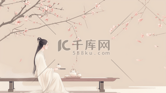 古风手绘树枝插画图片_手绘绘画古风古色古装女子的插画1