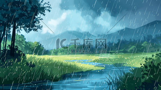 下雨的天空插画图片_雨季下雨户外风景树木河流景色的插画7