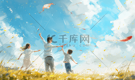 亚洲人一家三口在草地上放风筝