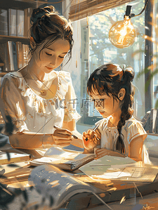 企业辅导插画图片_亚洲人辅导女儿做作业的青年女人