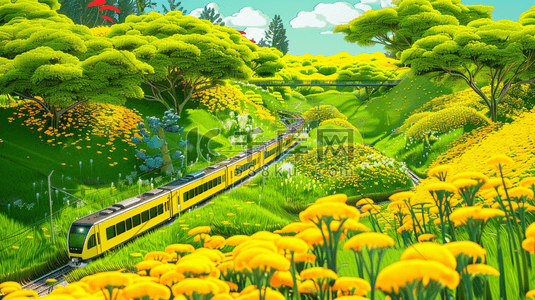 春天黄绿色风景小火车轨道的插画19