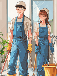 手消毒凝胶插画图片_亚洲人打扫房间的家政服务人员