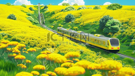 春天黄绿色风景小火车轨道的插画10