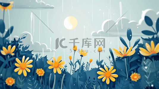 彩色手绘雨季户外风景区下雨的插画6