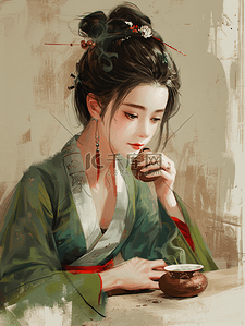 绿色品质插画图片_品茶女生江南姑娘