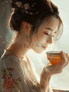 茶文化插画图片_品茶女生江南姑娘