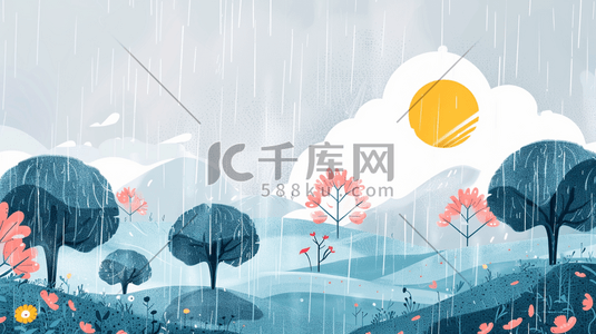 阳关免扣插画图片_彩色手绘雨季户外风景区下雨的插画2