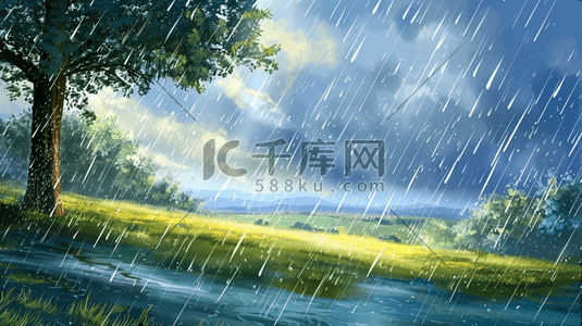 雨季下雨户外风景树木河流景色的插画32