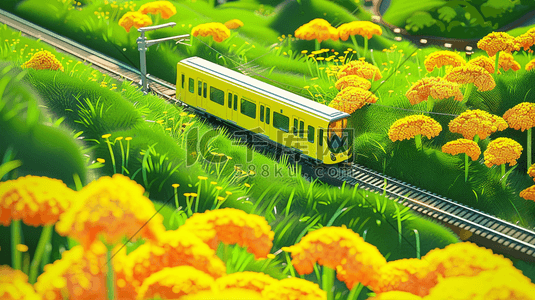 春天黄绿色风景小火车轨道的插画12
