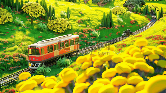 春天黄绿色风景小火车轨道的插画11