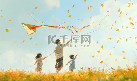 亚洲人一家三口在草地上放风筝