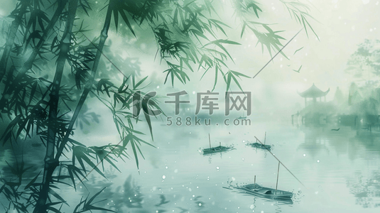 绿色风景河面山竹林小船的插画7