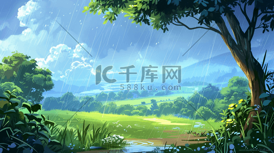 雨季下雨户外风景树木河流景色的插画29