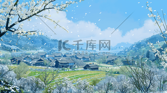 雪夜山村插画图片_彩色手绘绘画山村风景景色的插画8
