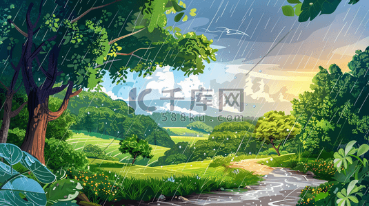 雨季下雨户外风景树木河流景色的插画20