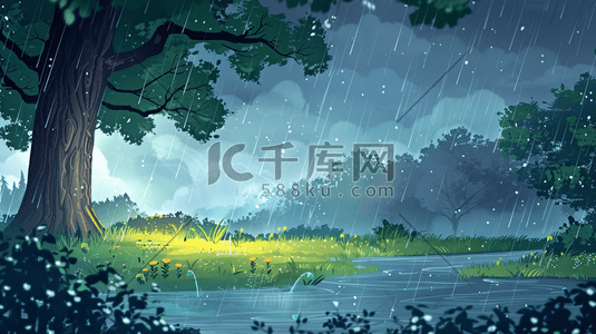 雨季下雨户外风景树木河流景色的插画31