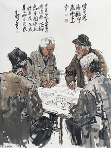 古风国学文化插画图片_老年人聚会画国画