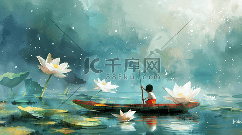 彩色国画绘画风景河面上小孩撑船的插画1