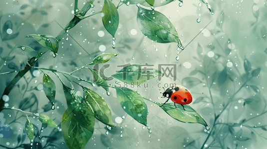 瓢虫昆虫插画图片_雨季下雨树叶水珠七星瓢虫的插画7