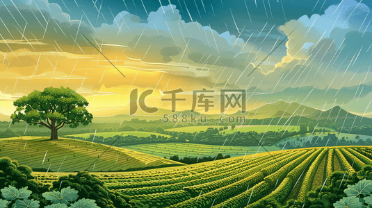 户外风景插画图片_雨季下雨户外风景树木河流景色的插画21谷雨