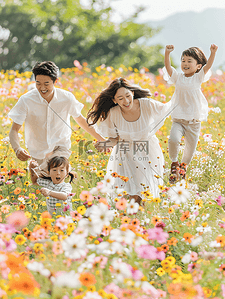 儿童摄影插画图片_花海里奔跑的幸福家庭