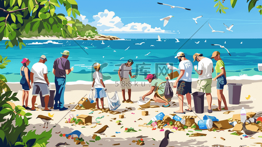 垃圾分类插画图片_彩色手绘海边沙滩游客度假垃圾的插画3