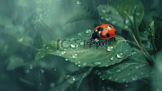瓢虫昆虫插画图片_雨季下雨树叶水珠七星瓢虫的插画4