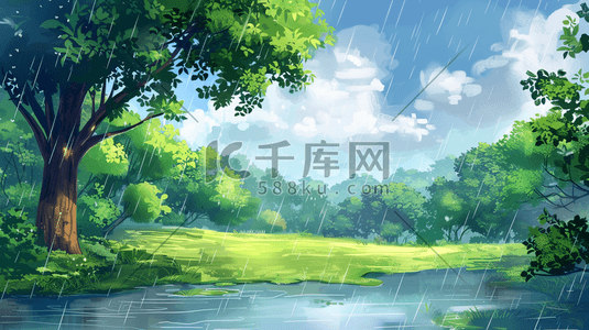 下雨的天空插画图片_雨季下雨户外风景树木河流景色的插画3
