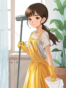 打扫卫生女人插画图片_亚洲人打扫房间的家政服务人员