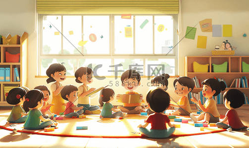 幸福成长插画图片_亚洲人老师和儿童在幼儿园里
