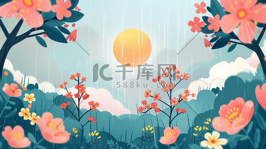 彩色手绘雨季户外风景区下雨的插画1