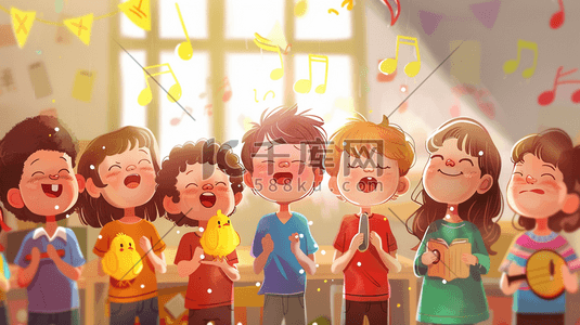 唱歌好听插画图片_彩色绘画儿童室内开心唱歌的插画2