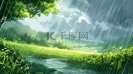 雨季下雨户外风景树木河流景色的插画1