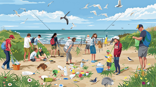 度假插画图片_彩色手绘海边沙滩游客度假垃圾的插画5