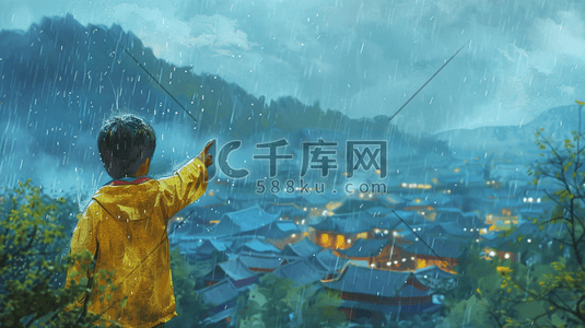 下雨下雨风景插画图片_雨季下雨景区风景河面划船的插画2