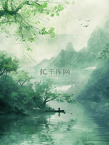 梦幻1插画图片_简约绿色国画绘画山水风景小船的插画1