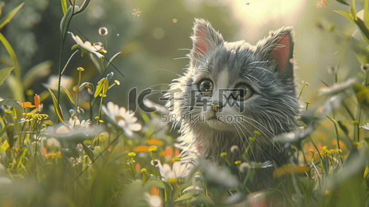 春天森林花草里小猫的插画11
