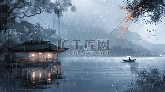 下雨下雨风景插画图片_雨季下雨景区风景河面划船的插画4