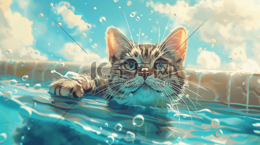 清澈插画图片_蓝色清澈可爱猫咪游泳的插画12