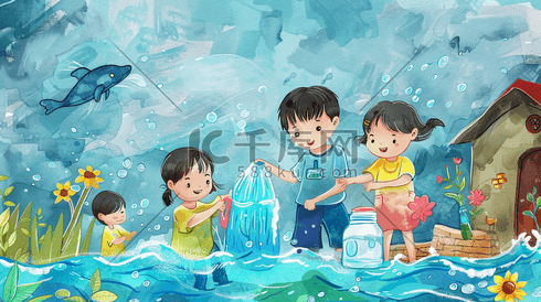 彩色手绘绘画儿童开心玩水的插画2