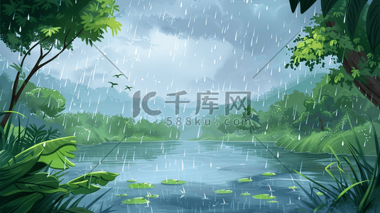 下雨的天空插画图片_雨季下雨户外风景树木河流景色的插画10