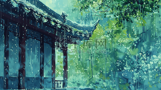 诗酒古风插画图片_雨季下雨古风古建筑房屋的插画21