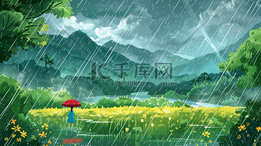 下雨的天空插画图片_雨季下雨户外风景树木河流景色的插画15