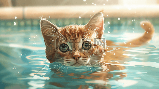 蓝色清澈可爱猫咪游泳的插画11